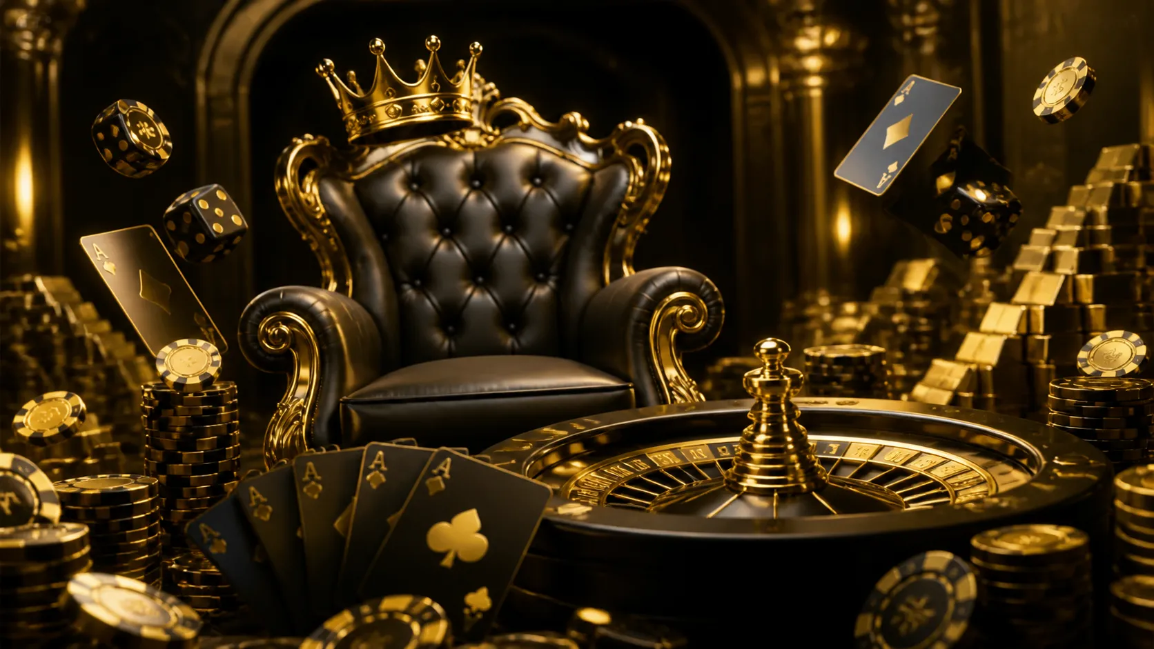 Glossy 3D render of luxury casino items floating in zero gravity, showcasing poker chips, playing cards, and dice in a dynami
